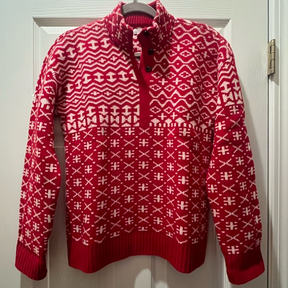 L.L. Bean Red and White Fair Isle Merino Wool Sweater
